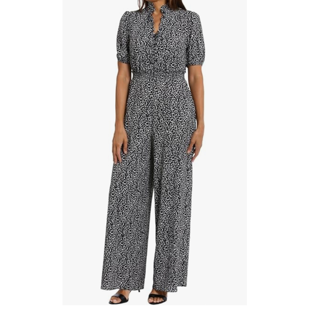 London Times Petite Black Ivory Animal Print Smocked Jumpsuit 4P NWT